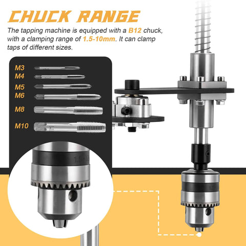 Badass Manual Tapping Machine With Swivel Bench Stand And Tight Grip Chuck For Smooth M3 To M10 Threading Garage Built Extra Heavy Duty Workshop Gear showing B12 chuck and tap range 1.5-10mm.