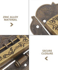 Close-up of Vintage Zinc Alloy Padlock With Key And Screws For Wooden Cases And Jewelry Boxes Retro Hasp Lock with design details.