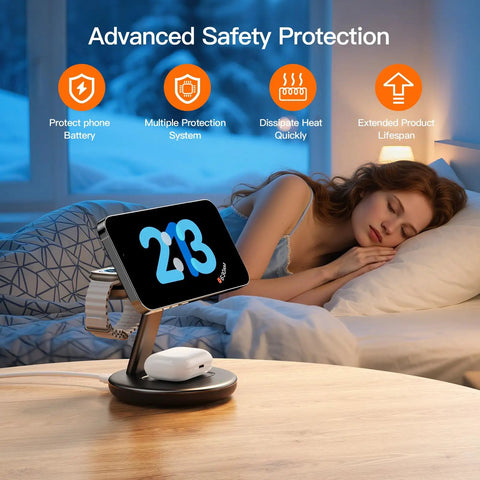 3 In 1 Magnetic Wireless Charge Station For iPhone 17 To 12 Series, AirPods, And Watch, MagSafe stand on bedside table