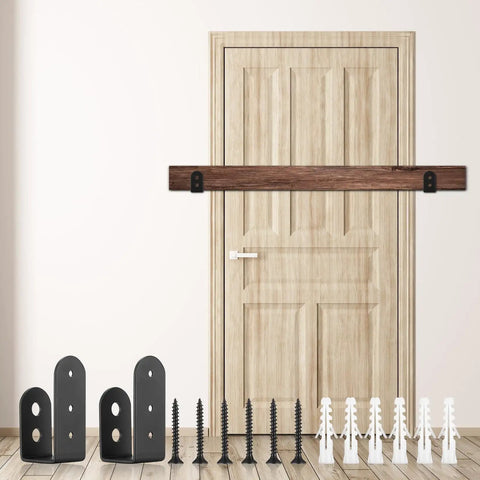 2x4 Door Barricade Brackets Heavy Duty U Shaped Security Holders installed on wooden door with screws, durable for home use.