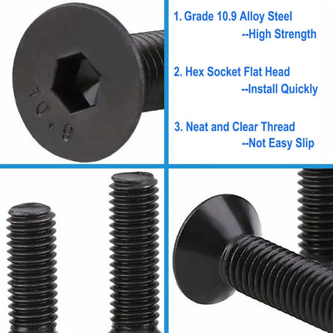 Close-up of 125 Piece Grade Ten Point Nine Alloy Steel Flat Head Hex Socket Cap Screws Set M3 X 8 12 16 20 25 MM With Allen Key