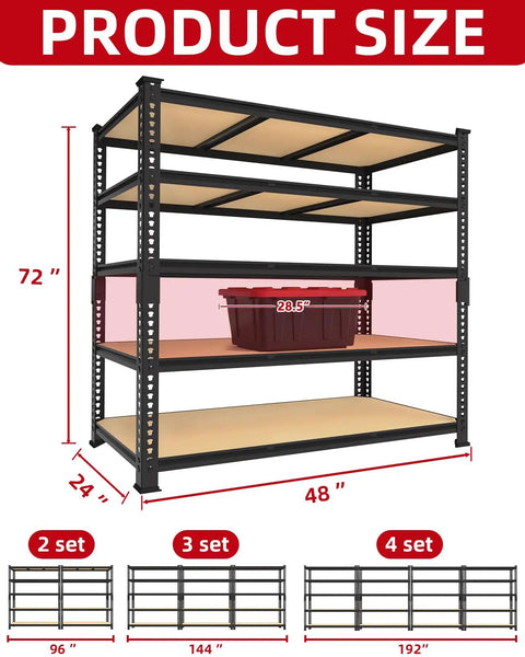 Beefy Heavy Duty Garage Storage Shelves Five Tier Metal Rack With 650 Lbs Per Shelf And 3250 Lbs Total Load Capacity Powder Coated Steel Frame With Thickened Wood Boards For Garage And Workshop, 48x24x72 in