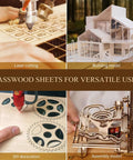 Basswood sheets for crafts collage showing laser cutting, building models, and DIY decoration.