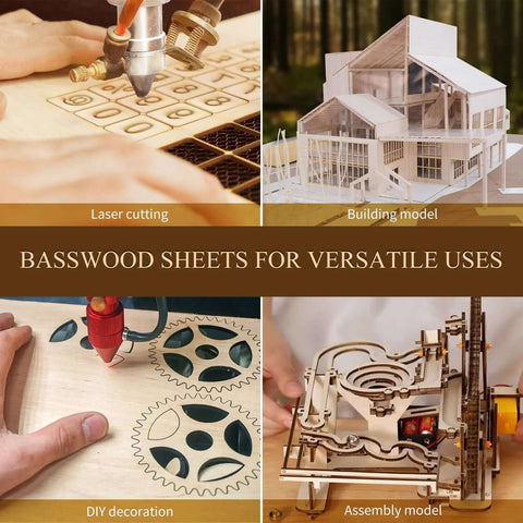Basswood sheets for crafts collage showing laser cutting, building models, and DIY decoration.