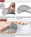 Hefty Stainless Steel Angle Protractor And 0 To 180 Degree Round Head Finder Measuring Ruler in use adjusting angles