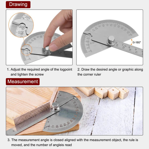 Hefty Stainless Steel Angle Protractor And 0 To 180 Degree Round Head Finder Measuring Ruler in use adjusting angles