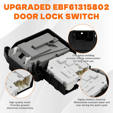 Washer door lock switch assembly for LG front-load washers; gray and black plastic with multi-pin terminals.