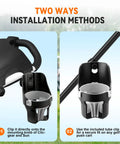 Heavy Duty Golf Push Cart Cup Holder With Super Large Capacity installation methods on golf cart shown in two ways