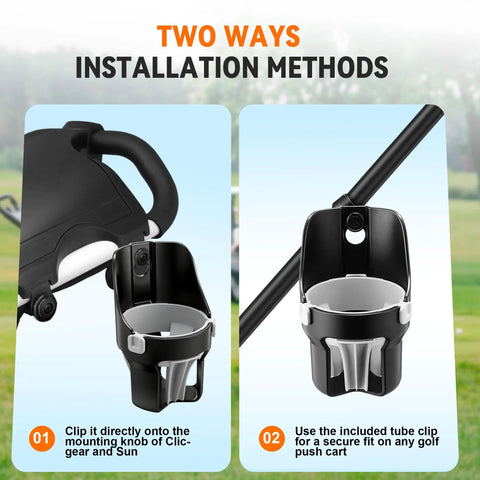 Heavy Duty Golf Push Cart Cup Holder With Super Large Capacity installation methods on golf cart shown in two ways
