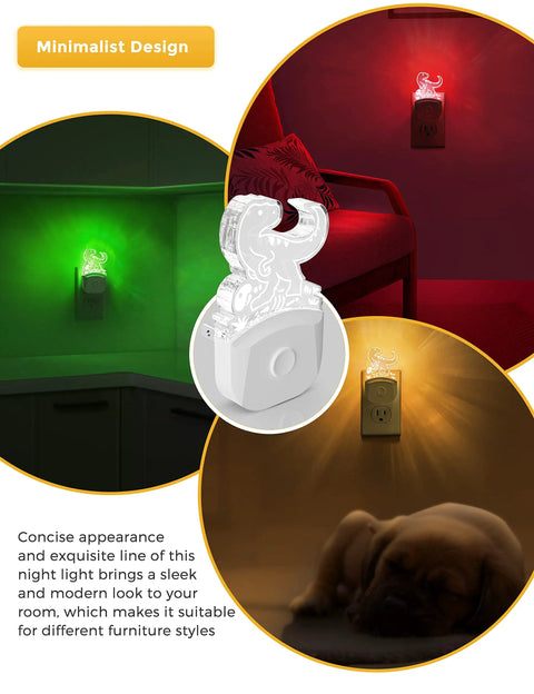 Dinosaur Night Light For Kids And Boys Plug In LED Nightlight With Dusk To Dawn Sensor, showing RGB and warm white modes.