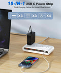 Smooth Ace Power Strip With Five Foot Flat Extension Cord Featuring Eight Versatile Ports Including Four Wall Outlets And Multiple Usb Fast Charging Hubs For Mobile Tech Rig And Travel Setup on wooden desk with smartphone charging.