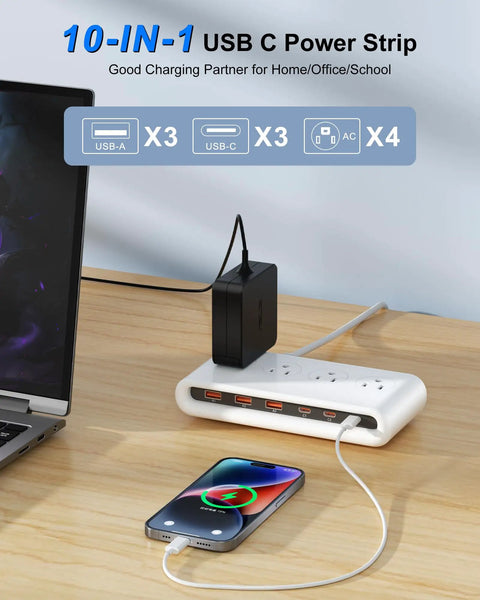 Smooth Ace Power Strip With Five Foot Flat Extension Cord Featuring Eight Versatile Ports Including Four Wall Outlets And Multiple Usb Fast Charging Hubs For Mobile Tech Rig And Travel Setup on wooden desk with smartphone charging.