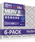 20x25x1 Air Filter MERV 8 6 Pack Made In USA Electrostatic Top Notch Pleated Filter packaging shown