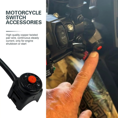 Badass Universal Motorcycle Kill Switch With Horn Button Handlebar Mounted Starter Toggle Wiring Harness Clamps For Street Cruiser And Dirt Bike Riders, with hand pressing red button.