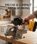 Grab This Badass Brushless Mini Circular Saw That Seamlessly Morphs Into An Angle Grinder For Effortless Cutting And Grinding Across Wood Metal Tile And Plastic Surfaces, shown in use on a workbench with a metal vise.