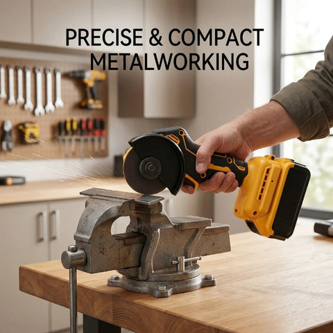 Badass Precise Brushless Mini Circular Saw Sweet Cordless Angle Grinder Hybrid For Wood And Metal Cuts Through Anything Like Butter With Tight Setup For Weekend Warriors And Handymen Ready To Crush Projects in use cutting metal with sparks.