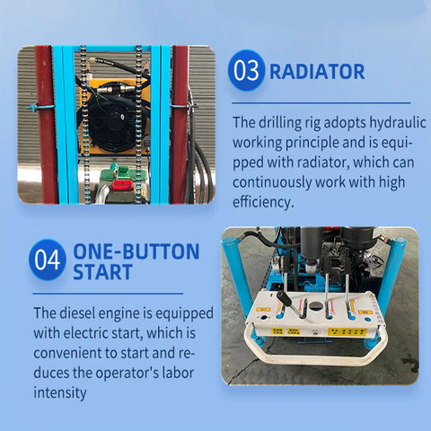 Heavy Duty Water Well Drill Rig Featuring Lightweight Hydraulic Portable Drilling Machine With No Sweat Setup For Residential Yard Wells and Deep Soil Piling Projects, showing radiator and one-button start control panel.