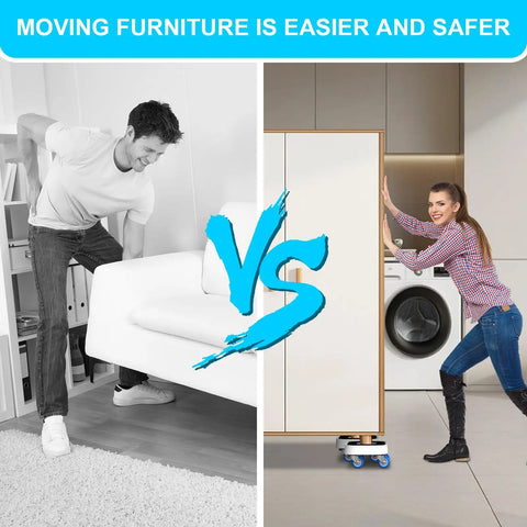 Furniture Movers With 360 Degree Swivel Wheels And Anti Slip Groove Base For Smooth Glide Moves shown with two methods of moving furniture.