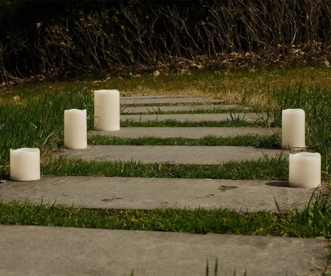 Pathway lit with Outdoor IP44 Weatherproof 4x6 Inch Warm White LED Flameless Pillar Candles Set Of 2 with remote and timer