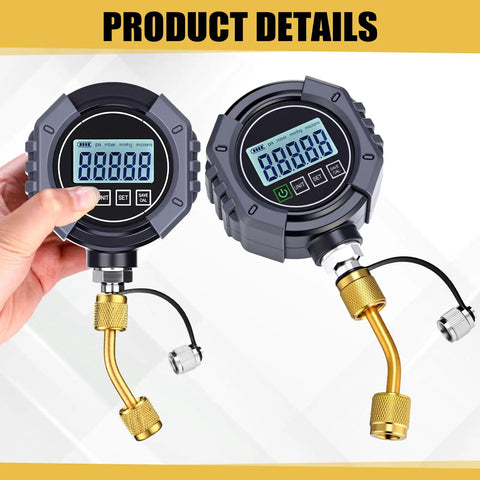 Digital Vacuum Gauge For HVAC 0 To 75000 μmHg Range With 7/16-20UNF Fittings, Buzzer Alarm, 1/4 Inch SAE Extension, Brass Adapter, High Accuracy ±10 μmHg Or ±10 Percent, Ideal For Leak Detection And Evacuation Tests. digital gauge with brass adapter and SAE extension