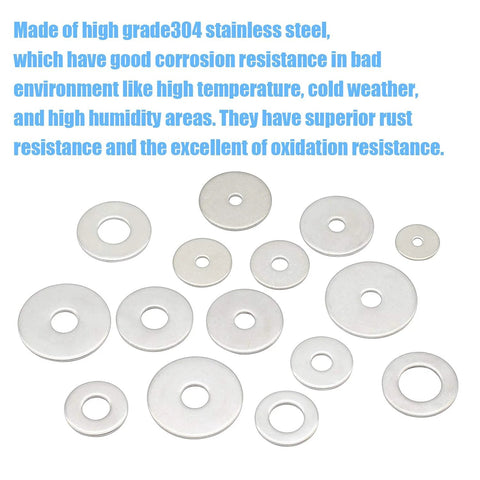 Assorted 304 stainless steel fender washers, 220-piece kit, 15 sizes, front view