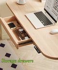 Rock Solid Electric Sit Stand Desk With Memory Height Presets And Cargo Pullout Bin Using Buttery Smooth Lift Motor Plus Leather Guard Edge For Zero Sweat Home Office Setup At 55 Inches Wide with storage drawer open showing office supplies.