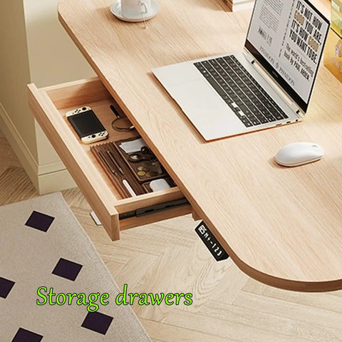 Rock Solid Electric Sit Stand Desk With Memory Height Presets And Cargo Pullout Bin Using Buttery Smooth Lift Motor Plus Leather Guard Edge For Zero Sweat Home Office Setup At 55 Inches Wide with storage drawer open showing office supplies.