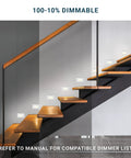 12 Pack 120V Dimmable LED Step Lights for Indoor and Outdoor Use with 3 Color Temperatures on wooden staircase, white finish.