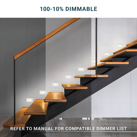 12 Pack 120V Dimmable LED Step Lights for Indoor and Outdoor Use with 3 Color Temperatures on wooden staircase, white finish.
