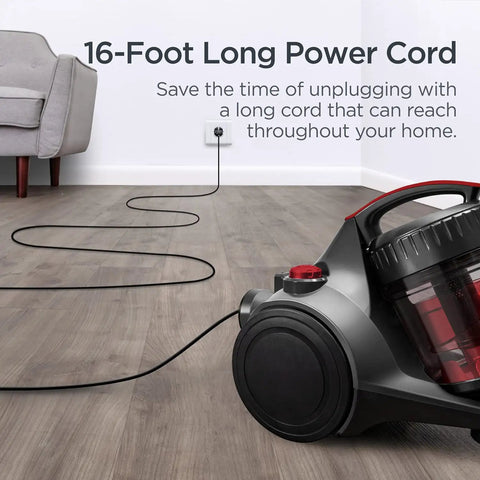 Legit Bagless Canister Vacuum Cleaner With Lightweight Body And Smooth Grip Handle For No Sweat Daily Cleaning Featuring Instant Airflow Controls And Three Zone Settings For Rugs Upholstery And Hardwood Floors with 16-foot power cord on hardwood floor.