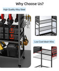Power Tool Organizer Cart With Built In Charging Station And Eight Outlet Power Strip Four Tier Rolling Garage Tool Cart Heavy Duty Floor Standing Storage Rack Supports Up To 500 Lb Includes Drill Holder And Pegboard Hooks Built For Tough Jobs illustrating steel frame and mesh wire shelving.