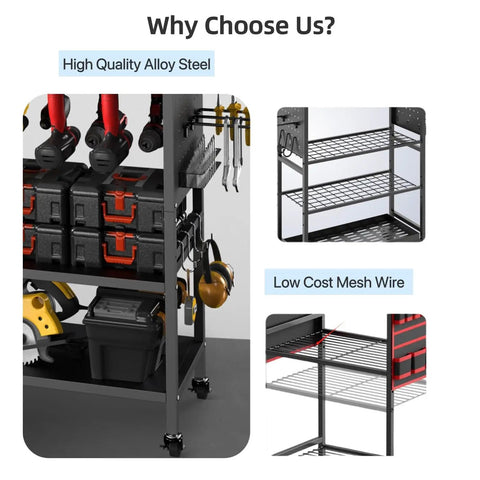 Power Tool Organizer Cart With Built In Charging Station And Eight Outlet Power Strip Four Tier Rolling Garage Tool Cart Heavy Duty Floor Standing Storage Rack Supports Up To 500 Lb Includes Drill Holder And Pegboard Hooks Built For Tough Jobs illustrating steel frame and mesh wire shelving.