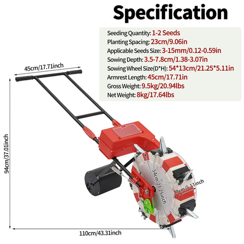 Manual Garden Seeder Hand Push Walk Behind Planter With 7 Nozzles dimensions and specifications display