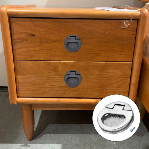 Flush Ring Pull Handles 43.5mm Zinc Alloy Flush Pull Slam Latch with screws on wooden drawer, dark silver finish.