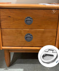 Flush Ring Pull Handles 43.5mm 1.71 Inch Zinc Alloy Flush Pull Slam Latch Set installed on wooden cabinet drawers, dark silver finish