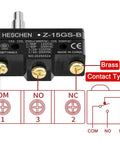 Micro Switch Z 15GS B Slim Spring Plunger Three Terminal 15A Rated Current Momentary Action with brass terminals visible