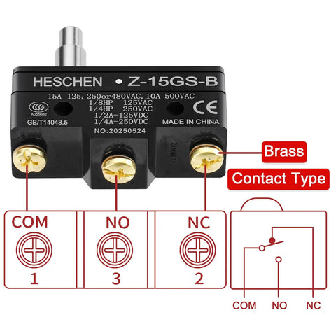 Micro Switch Z 15GS B Slim Spring Plunger Three Terminal 15A Rated Current Momentary Action with brass terminals visible