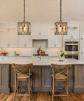 Farmhouse Wood Pendant Light With Geometric Cage Design For Dining Room And Kitchen Island in modern kitchen setting