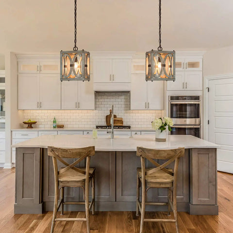 Farmhouse Wood Pendant Light With Geometric Cage Design For Dining Room And Kitchen Island in modern kitchen setting