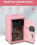 Open pink mini money safe lock box for cash, jewelry, and valuables, durable steel security safe 4.6 x 4.2 x 6.9 inches