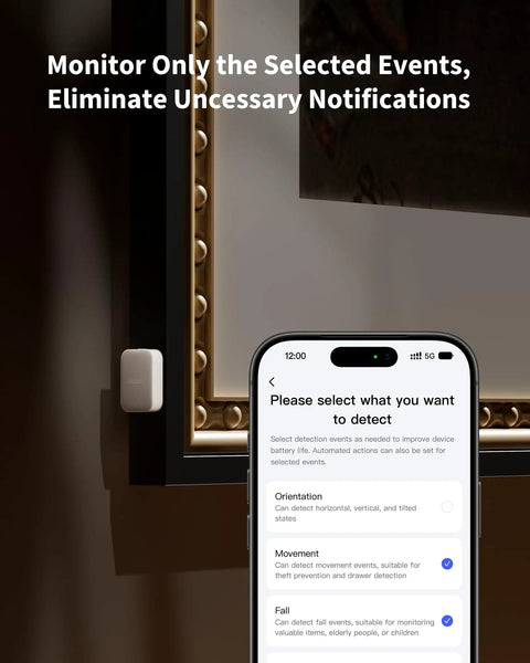 P100 2 In 1 Door And Window And Vibration Sensor With Thread Zigbee And Matter Compatibility For Apple Home Assistant Google Home Alexa SmartThings White on door frame with phone app
