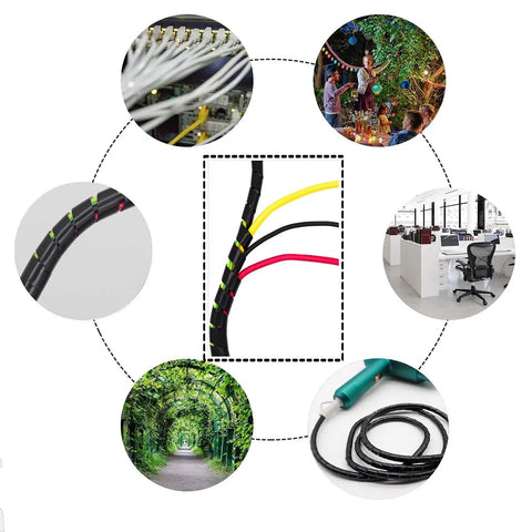 Spiral Cable Wrap Ten Feet One Quarter Inch Wire Wrap Cord Covers Bundle Sleeve, black, shown managing cables in various settings.