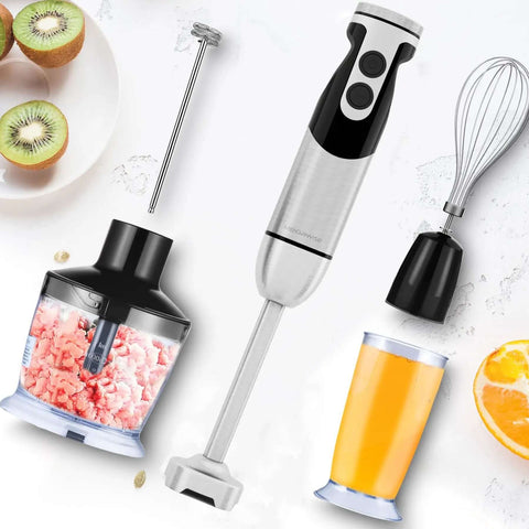 No Fuss 1000W Immersion Hand Blender With Multi Attachments and Quick Chopper 12 Variable Speeds stainless steel beater and chopper.