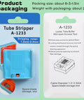 Hella Tough Fiber Optic Buffer Tube Stripper For Mid Span Cable Cutting And No Sweat Optical Wire Stripping Tool packaging showing 1.2mm-3.3mm stripping range.