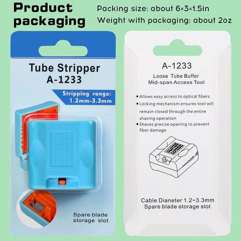 Hella Tough Fiber Optic Buffer Tube Stripper For Mid Span Cable Cutting And No Sweat Optical Wire Stripping Tool packaging showing 1.2mm-3.3mm stripping range.
