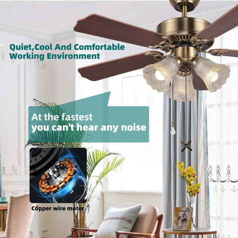 Old School Retro 42 Inch Indoor Ceiling Fan With Pull Chain And Three LED Light Bulb Sockets Bulbs Not Included Traditional 3 Speed Reversible Blades Antique Style For Living Room Or Bedroom in interior setting