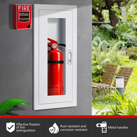 Semi Recessed Fire Extinguisher Cabinet For 5-12 Lb Extinguishers, White Baked Enamel Steel Wall Mount With Lock And Full Clear Acrylic Door