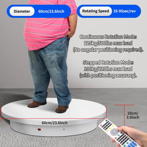 Top Rated 23.6 Inch Heavy Duty Motorized Electric Turntable With Remote Control Rotating Photography Platform For Display, 3D Scanner And Studio Shoots, Supports Up To 500 Lbs Capacity with person and remote controller.