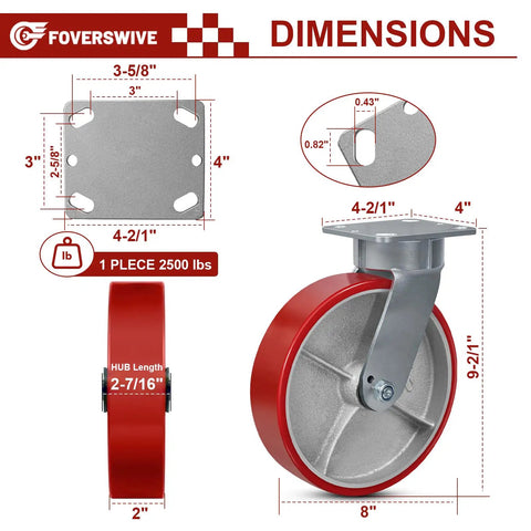 Built Like A Tank 8x2 Heavy Duty Casters Pair Kingpinless Polyurethane Wheels With Hardened Steel Cores showing dimensions and specifications.