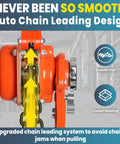 Close-up of Heavy Duty Manual Chain Winch Lever Hoist 13200 Lbs with auto chain lead and rotating hook in warehouse.